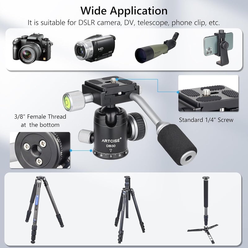 ARTCISE Ball Head with Handle All Metal CNC Ball Head with Two Quick Release Plates and Phone Clip for Tripod, Monopod, DSLR, Camcorder, DV, Telescope, Hunting，Max Load 22lb/10kg - Image 4